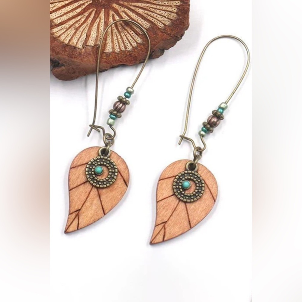 Leaf-Shaped Wooden Dangle Earrings